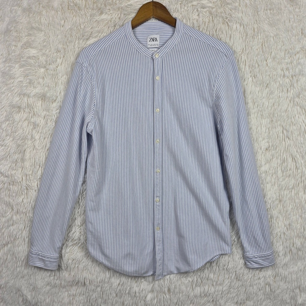 Zara Man Slim Fit Band Collar Knit Shirt Blue White Stripe Long Sleeve Large